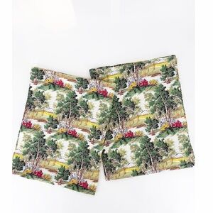 Two Vintage Barkcloth Curtain Panels Cabin Woods Trees